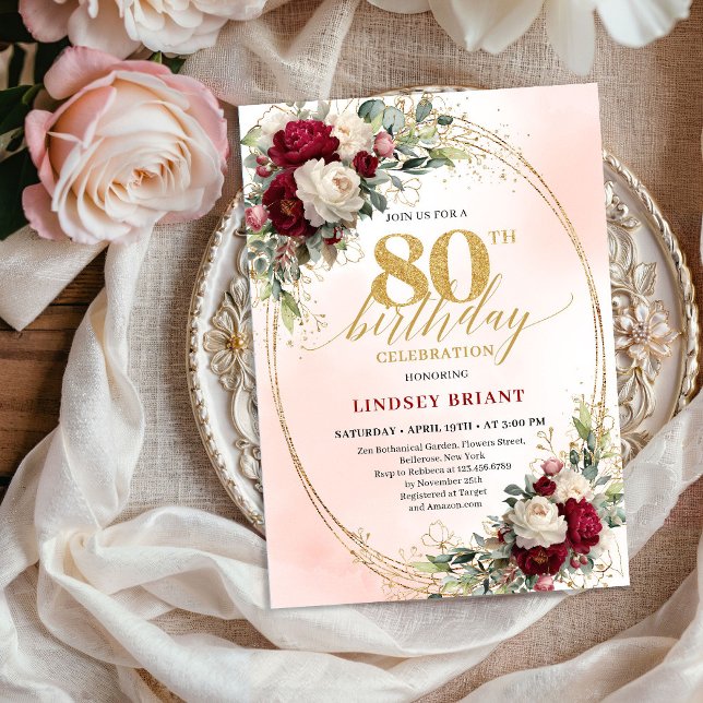 Convite Burgundy Blush Floral Chic 80th Birthday Invite (Burgundy Blush Floral Chic 80th Birthday Invitation)