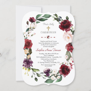 Convite Burgundy Blush Floral Dourada Primeira Comunhão Sa