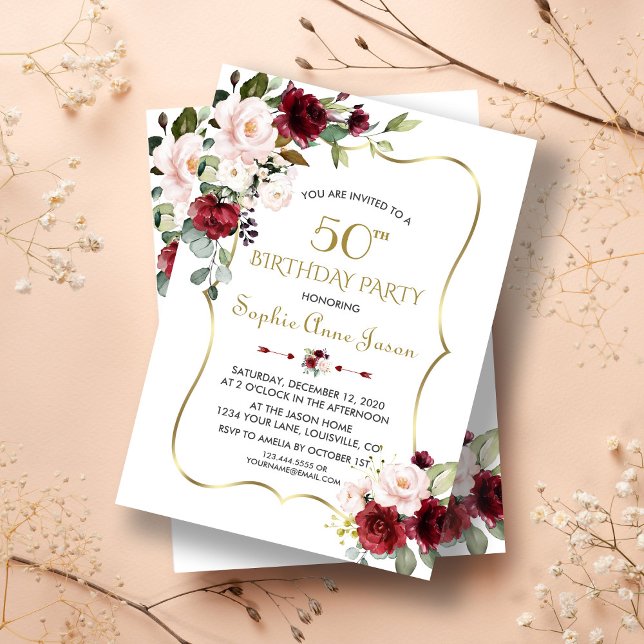 Convite Burgundy Blush Floral Dourado Frame 50º Aniversári (50th birthday, trendy 50th birthday invitation, modern gold floral birthday invite)