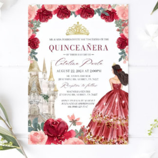 Convite Burgundy Blush Floral Quinceanera Invitation Red
