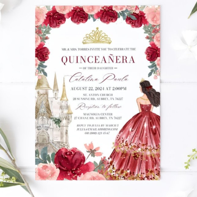 Convite Burgundy Blush Floral Quinceanera Invitation Red (Criador carregado)