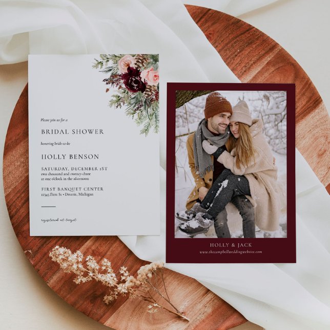 Convite Burgundy Blush Floral Winter Chá de panela Invite (Criador carregado)