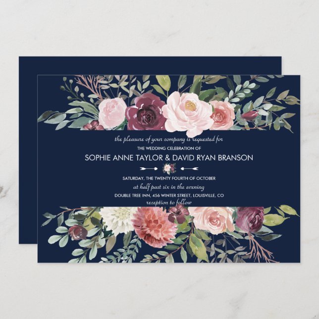 Convite Burgundy Blush Flowers Marinho Casamento Azul (Frente/Verso)