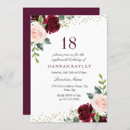 Convite Burgundy Blush Glitter 18ª Festa de aniversário
