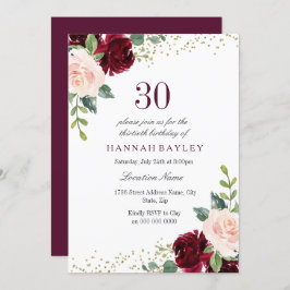 Convite Burgundy Blush Glitter aniversário de 30 anos