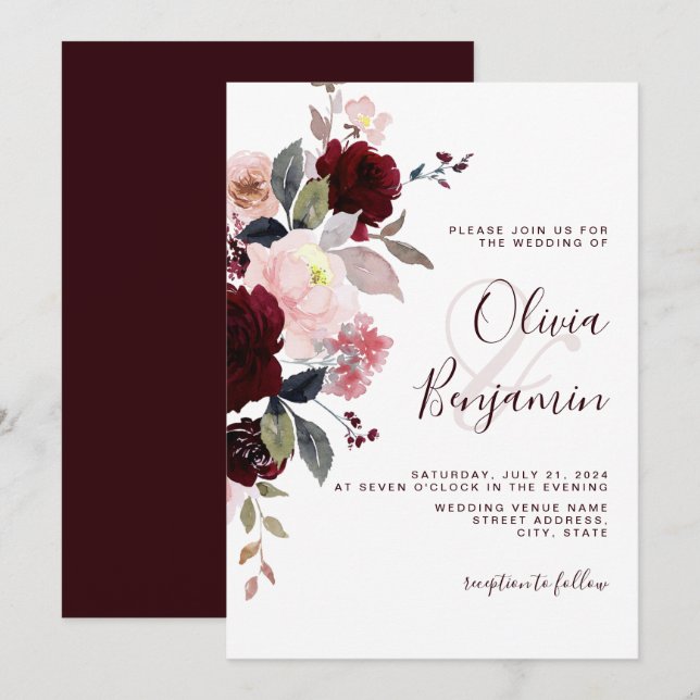 Convite Burgundy Blush Marsala Casamento Floral Elegante (Frente/Verso)