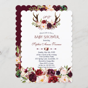 Convite Burgundy Blush Marsala Floral Antlers Chá de frald
