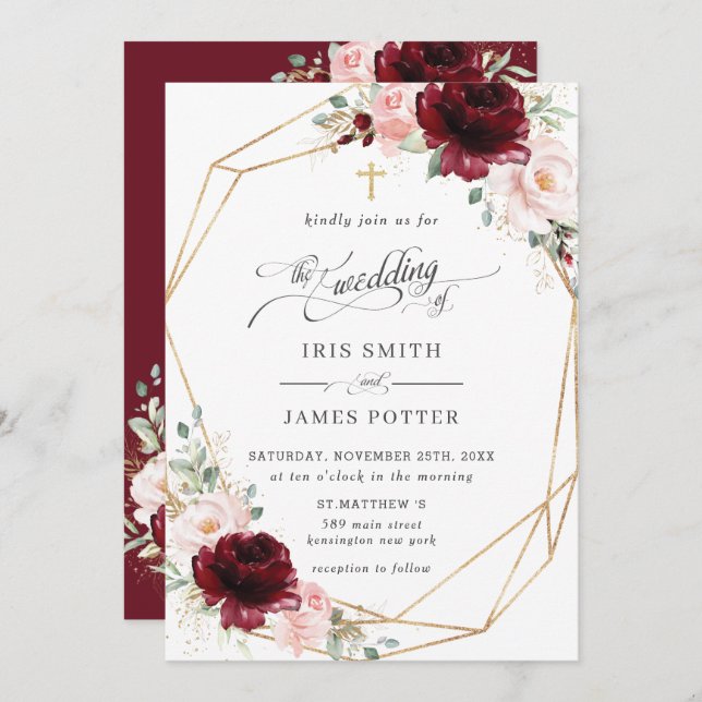 Convite Burgundy Blush Pink Floral Church Wedding   (Frente/Verso)