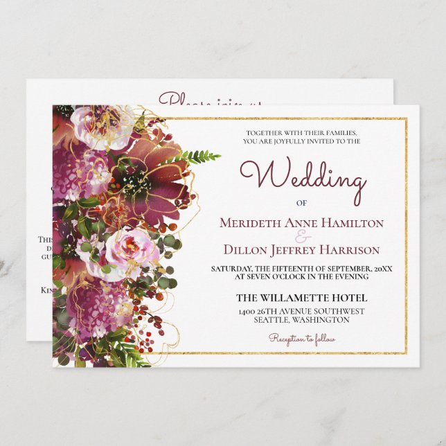 Convite Burgundy Blush Pink Floral Dourado Tudo Em Um Casa (Frente/Verso)