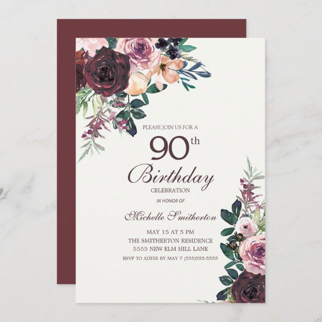 Convite Burgundy Blush Pink Floral Folha 90 Aniversário (Frente/Verso)