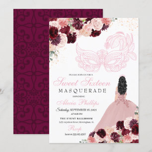Convite Burgundy Blush Pink Mascarada Floral Sweet 16 Inv