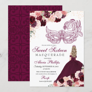 Convite Burgundy Blush Pink Mascarada Floral Sweet 16 Inv
