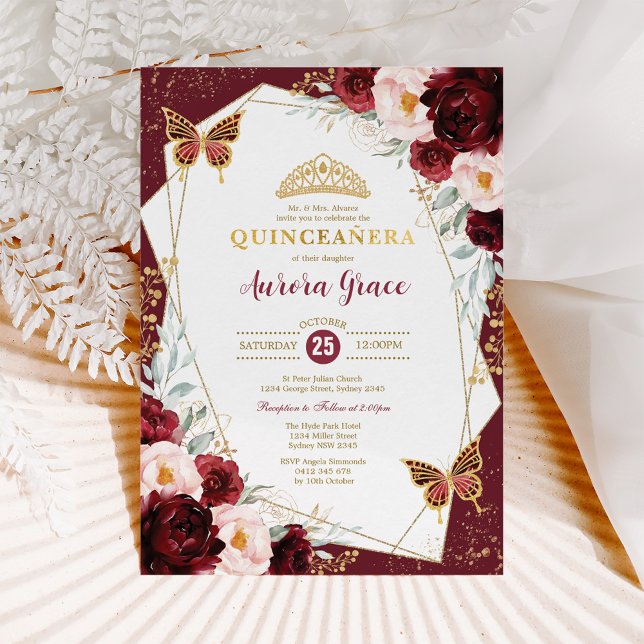 Convite Burgundy Blush Quinceañera Butterflies Mis Quince (Criador carregado)