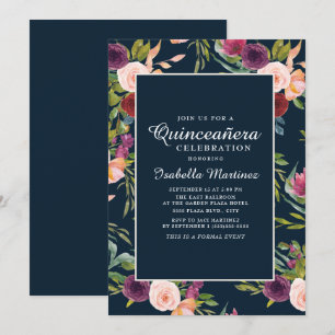Convite Burgundy Blush Rosa Azul Floral Quinceañera