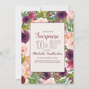 Convite Burgundy Blush Rosa Floral 100º Aniversário
