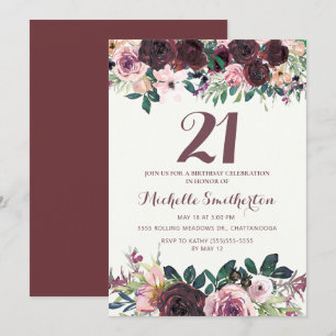Convite Burgundy Blush Rosa Floral Folhas 21º Aniversário