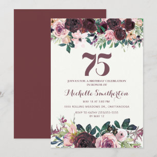 Convite Burgundy Blush Rosa Floral Folhas 75º Aniversário
