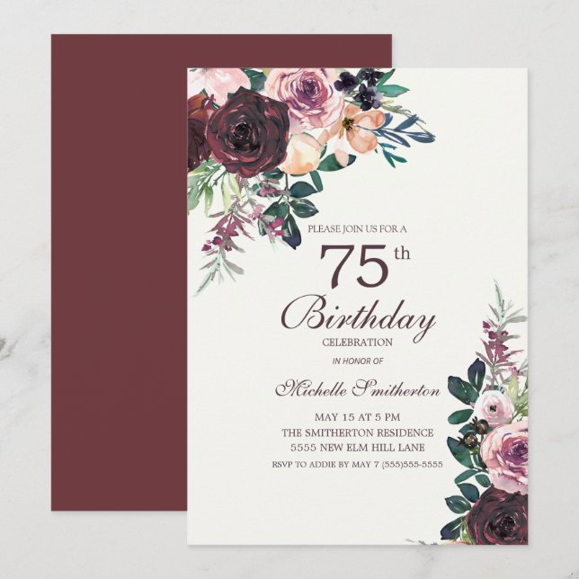 Convite Burgundy Blush Rosa Flores Folhas 75º Aniversário (Frente/Verso)