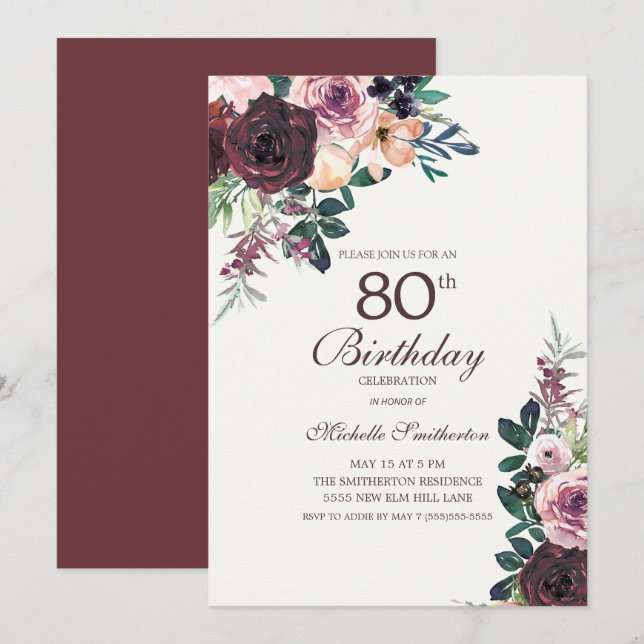 Convite Burgundy Blush Rosa Flores Folhas 80º Aniversário (Frente/Verso)