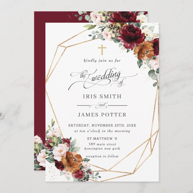 Convite Burgundy Blush Rust Orange Floral Church Wedding   (Frente/Verso)