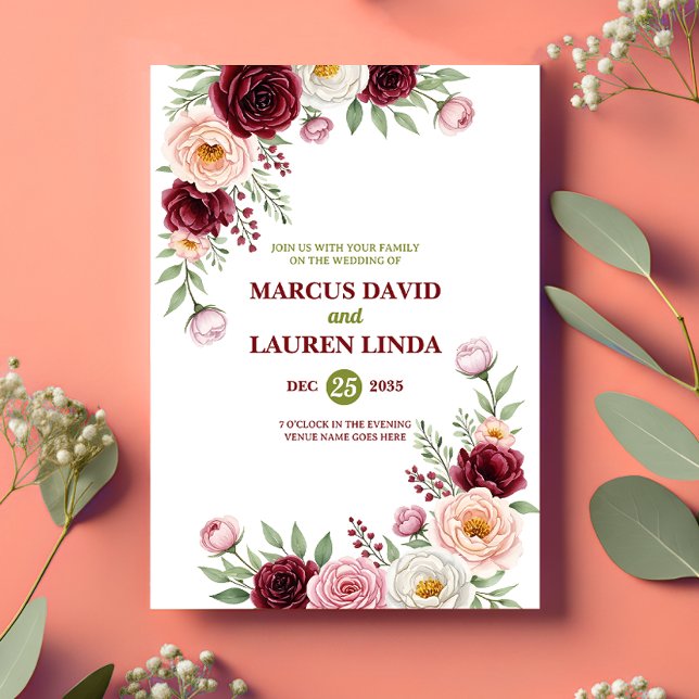 Convite Burgundy Blush Wildflower Wedding Invitation Card (Criador carregado)