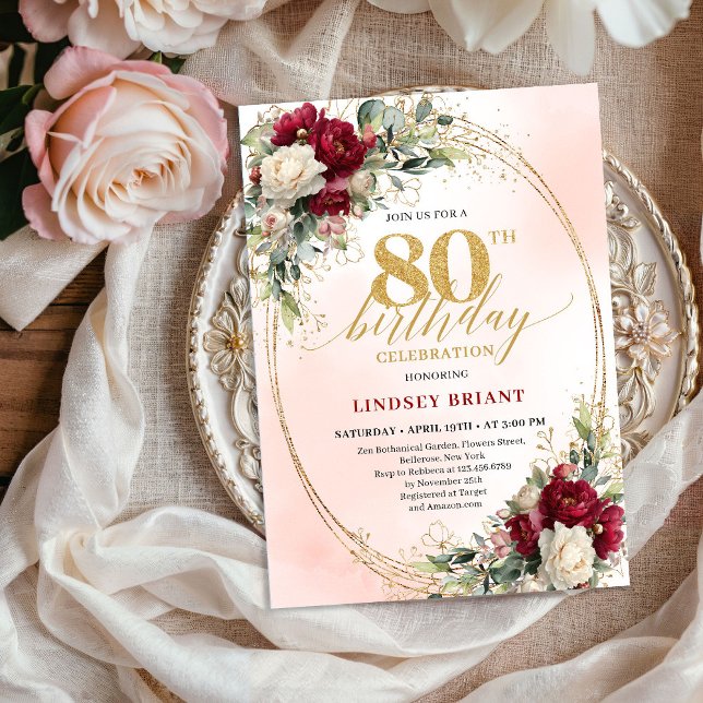 Convite Burgundy Bohemian Chic 80th Birthday Celebration  (Burgundy Bohemian Chic 80th Birthday Celebration Invite)