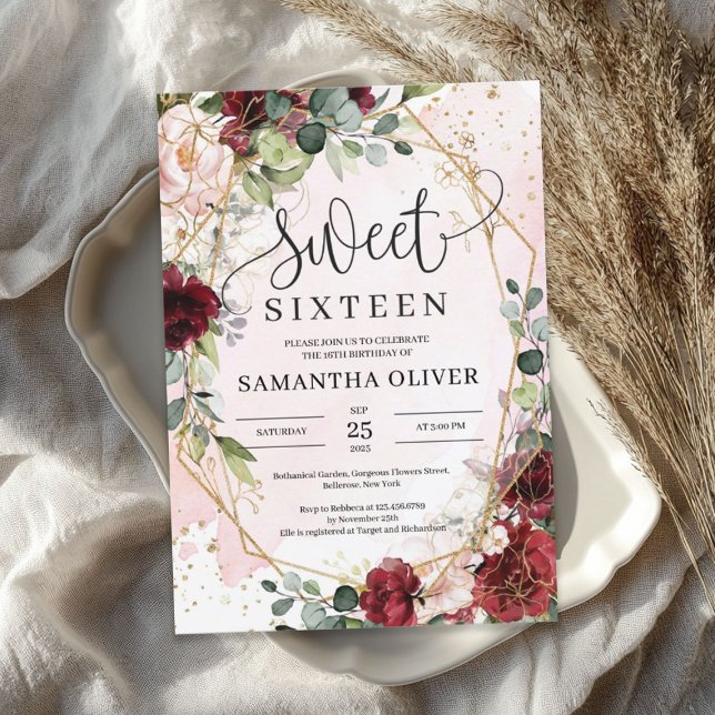 Convite Burgundy Bohemian floral gold geométrico doce 16 (Bohemian burgundy floral gold geometric sweet 16 invitation)