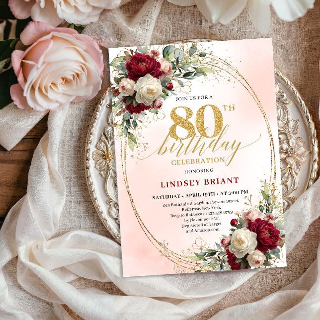 Convite Burgundy Boho Chic Floral 80th Birthday Party  (Burgundy Boho Chic Floral 80th Birthday Party Invite)