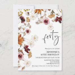 Convite Burgundy Boho Fall Floral aniversário de 40 anos