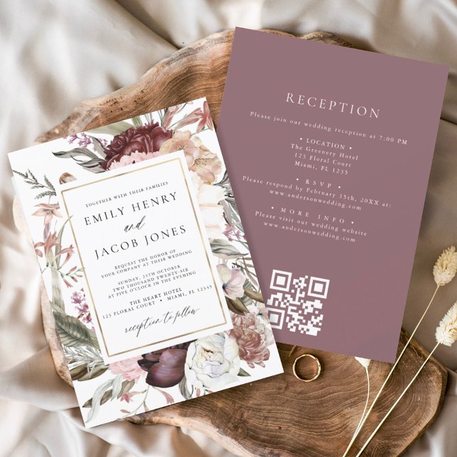 Convite Burgundy Boho Floral All in One QR Code Weding (Criador carregado)