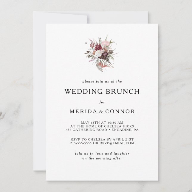 Convite Burgundy Boho Floral Casamento Brunch (Frente)