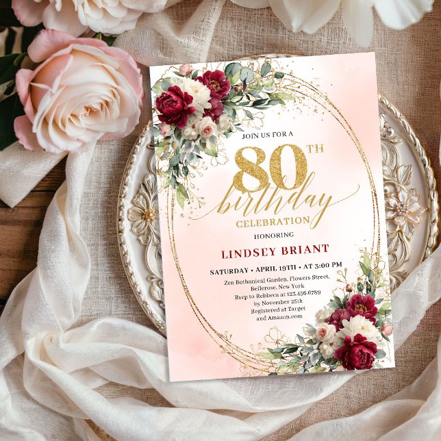 Convite Burgundy Boho Garden Floral 80th Birthday Invite (Burgundy Boho Garden Floral 80th Birthday Invitation)