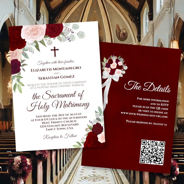 Convite Burgundy Boho Roses Catholic QR Code Wedding (front/back)