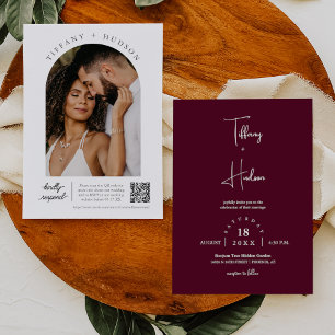 Convite Burgundy Boho Wedch Arch Photo Código QR RSVP