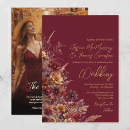 Convite Burgundy Boho Wildflowers & Photo QR Code Wedding