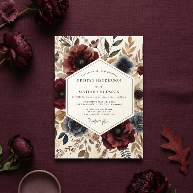 Convite Burgundy Botanical Autumn Wedding (Criador carregado)