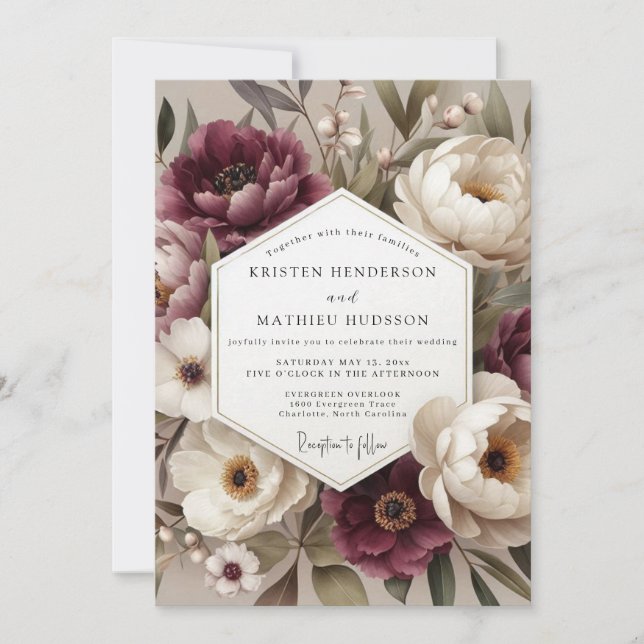 Convite Burgundy Botanical Bloom Wedding (Frente)