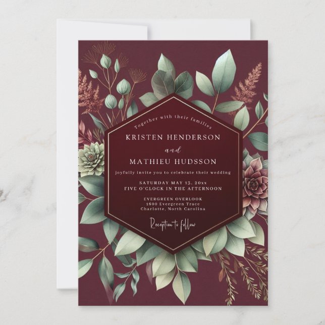 Convite Burgundy Botanical Bloom Wedding (Frente)