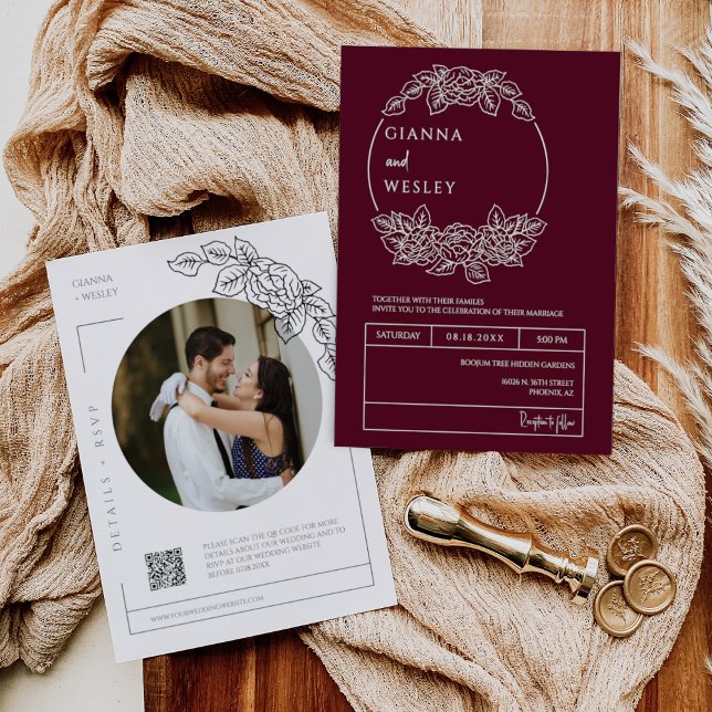 Convite Burgundy Botanical Line Art Boho Código QR Foto (Criador carregado)