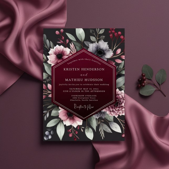 Convite Burgundy Botanical Romance Wedding (Criador carregado)