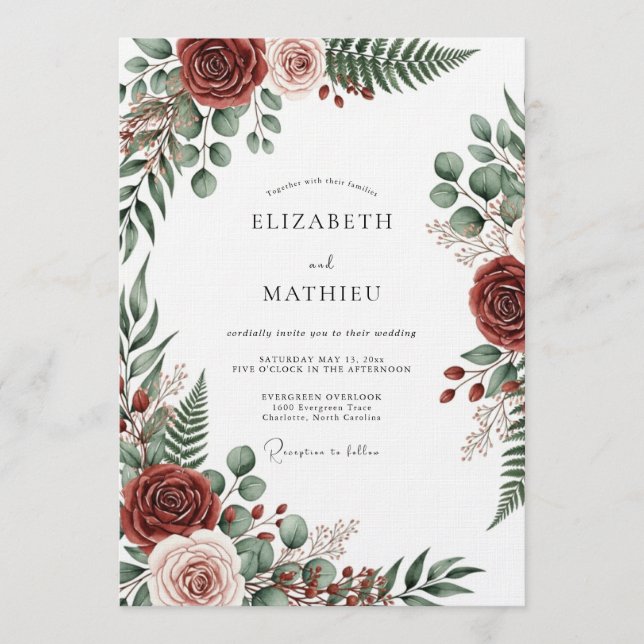Convite Burgundy Botanical Romantic Wedding (Frente)