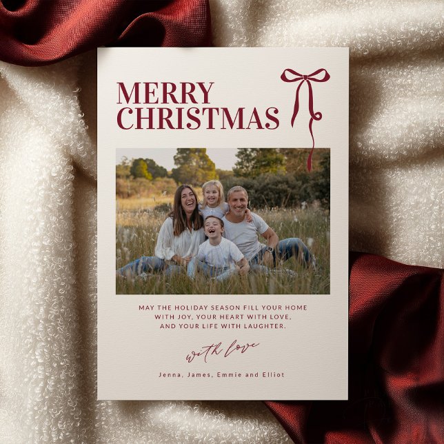 Convite Burgundy Bow Christmas Card with Photo (Criador carregado)