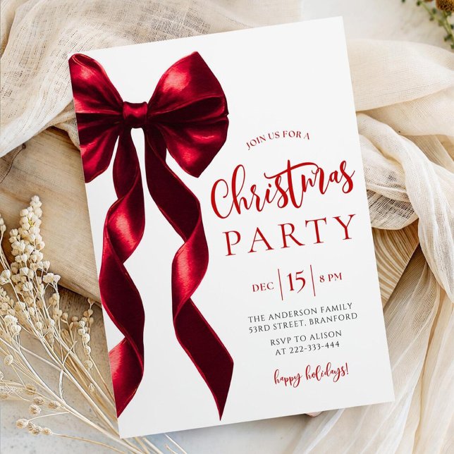 Convite Burgundy Bow Christmas Party Invitation (Criador carregado)