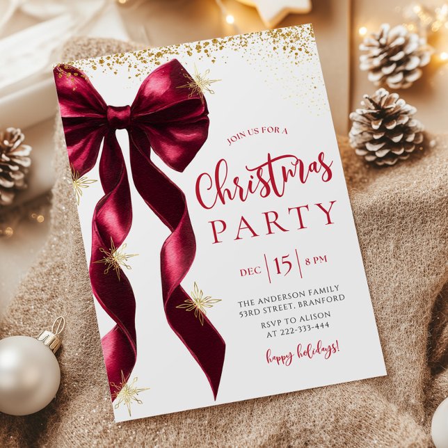 Convite Burgundy Bow Christmas Party Invitation (Criador carregado)