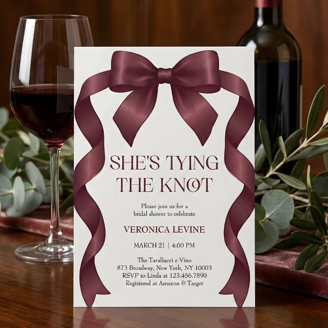 Convite Burgundy Bow She’s Tying the Knot Bridal Shower  (Coquette Black Bow Champagne Coupe She's Tying The Knot Bridal Shower invitation)