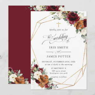 Convite Burgundy Branco Ferrugem Laranja Floral Igreja Cas