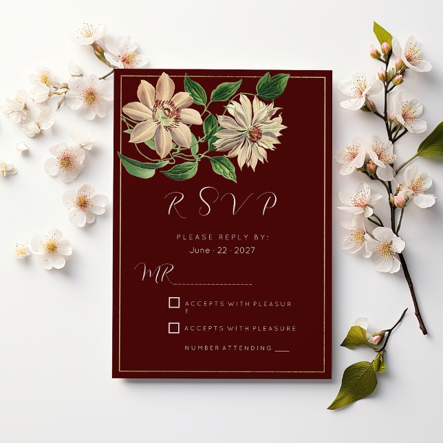 Convite Burgundy branco verde floral botânico RSVP (Burgundy white green floral botanic RSVP)