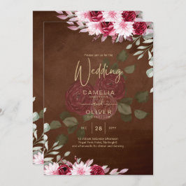 Convite Burgundy Brown Floral Winter Casamento outono Invi