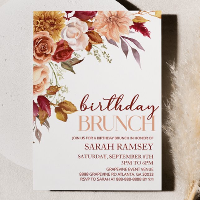 Convite Burgundy Brown Orange Floral Birthday Brunch (Criador carregado)