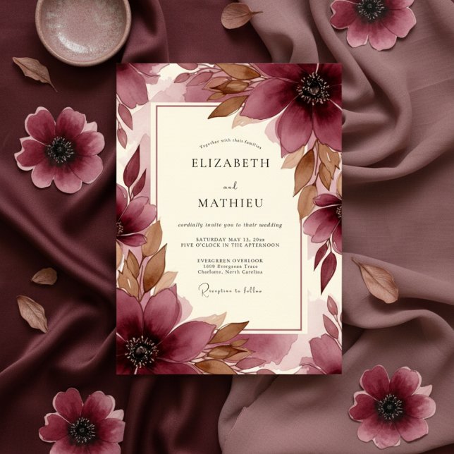 Convite Burgundy Brushstroke Bloom Wedding (Criador carregado)